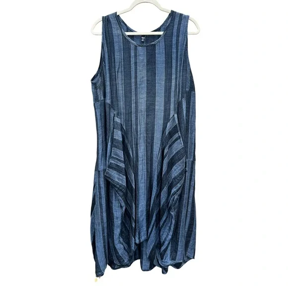 Dress To Kill Blue Striped Cotton Lagenlook Midi Pocket Tank Dress Made USA OS - Picture 1 of 9